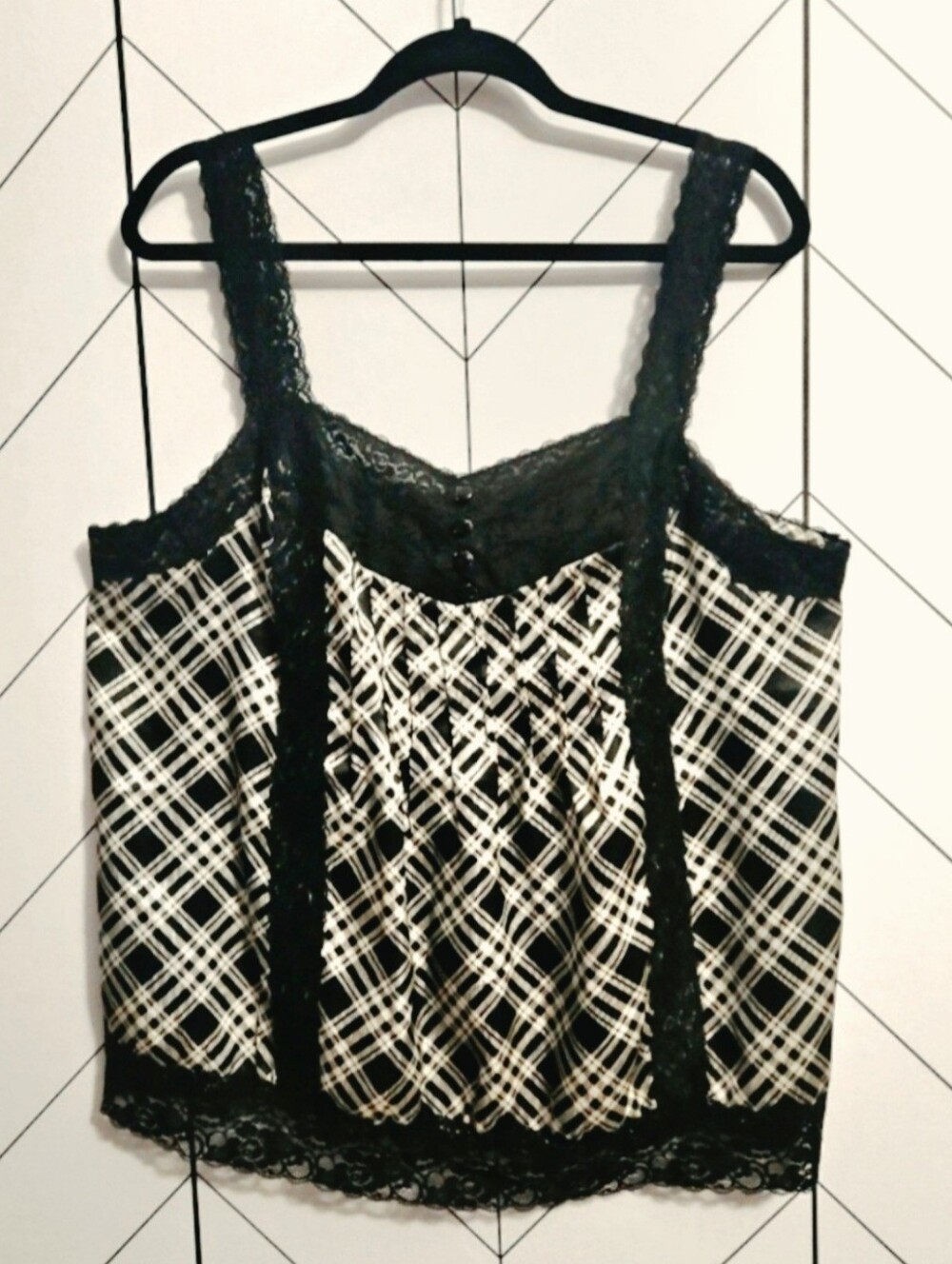 Cato Black And White Plaid Satin and Lace Tank, Plus 18 / 20 W